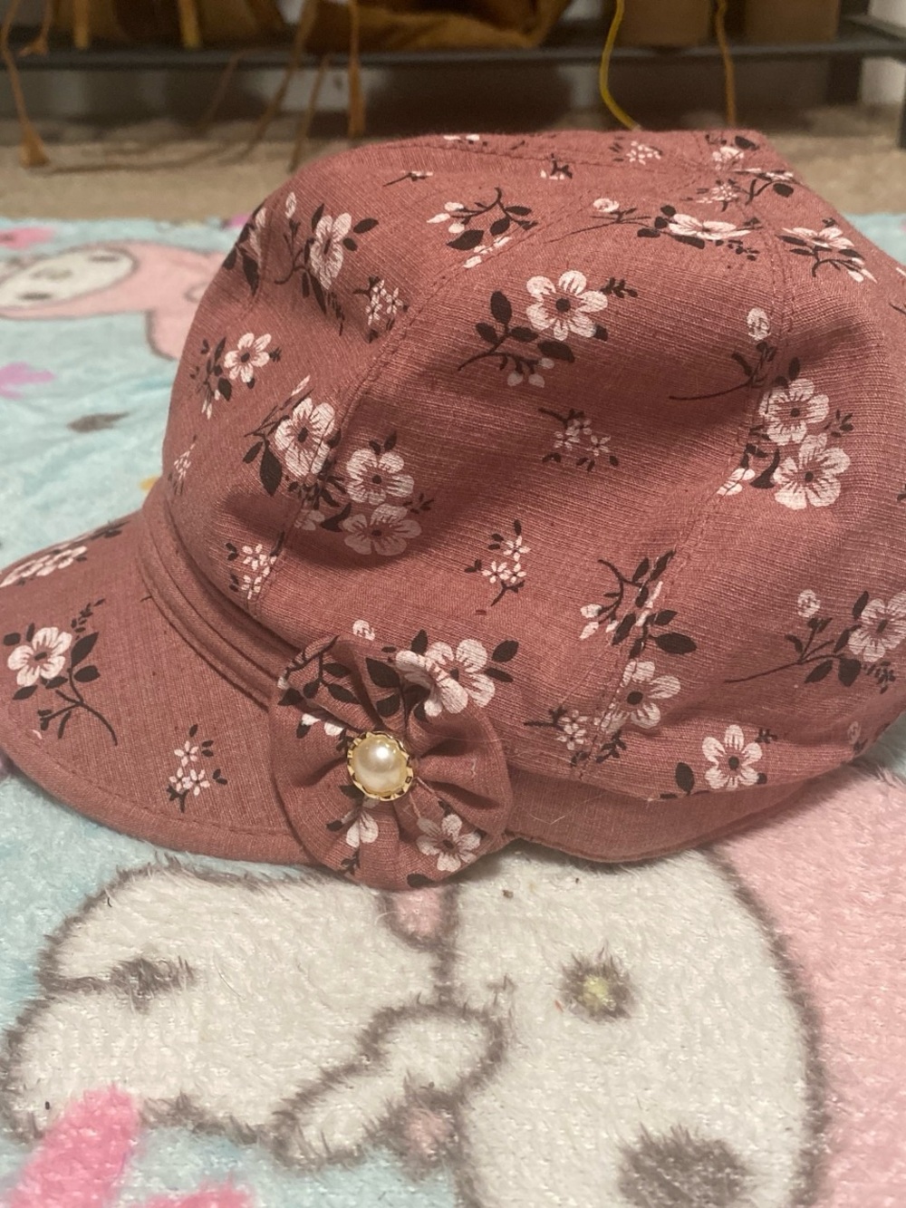 Floral Pink Cap with Pearl Accent